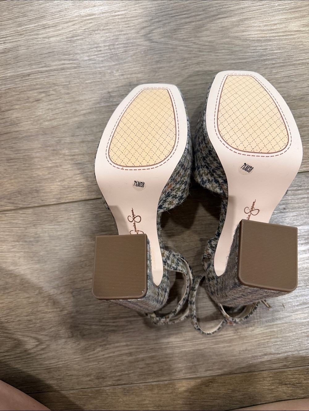 Jessica Simpson Plaid Ankle-Strap Block Heels in Gray/Tan Houndstooth - Picture 4 of 5